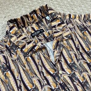 Soloio Shirt Men's XL All Over Fish Print Linen Short Sleeve Button Up Brown